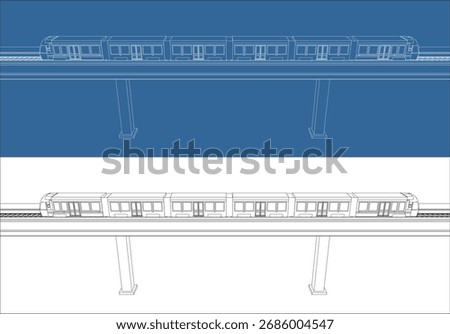 Blueprint style line drawing of a Light Rail Transit (LRT) train traveling on an elevated railway bridge