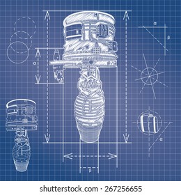 Blueprint Style Vector Outline Airplane Engine Plan