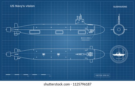 Blueprint of submarine. Military ship. Top, front and side view. Battleship model. Industrial drawing. Warship in outline style. Vector illustration