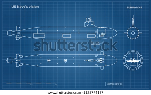 潜水艦の設計図 軍艦 上面 正面 側面図 戦闘艦モデル 工業図面 略式の軍艦 ベクターイラスト のベクター画像素材 ロイヤリティフリー