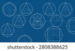 Blueprint technical drawing showing geometric constructions of circles, triangles, squares, and pentagons on a grid background, ideal for architecture, engineering, and educational designs.
