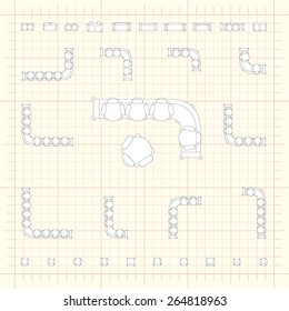 Blueprint technical grid background with flat sofa icons for floor plan outline. Furniture engineering vector EPS10 illustration