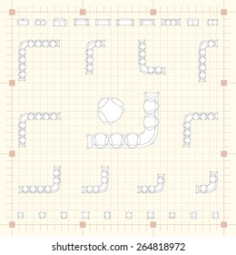 Blueprint technical grid background with flat sofa icons for floor plan outline. Furniture engineering vector EPS10 illustration