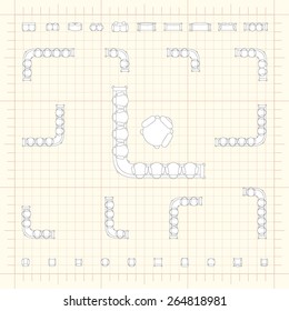 Blueprint technical grid background with flat sofa icons for floor plan outline. Furniture engineering vector EPS10 illustration