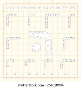 Blueprint technical grid background with flat sofa icons for floor plan outline. Furniture engineering vector EPS10 illustration