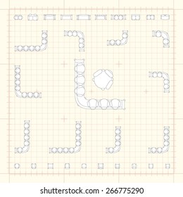 Blueprint technical grid background with flat sofa icons for floor plan outline. Furniture engineering vector EPS10 illustration