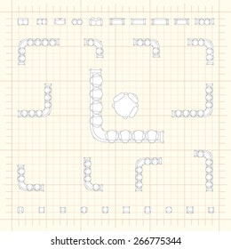 Blueprint technical grid background with flat sofa icons for floor plan outline. Furniture engineering vector EPS10 illustration