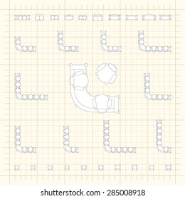 Blueprint technical grid background with flat sofa icons for floor plan outline. Furniture engineering vector EPS10 illustration