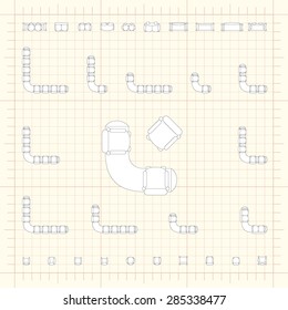 Blueprint technical grid background with flat sofa icons for floor plan outline. Furniture engineering vector EPS10 illustration
