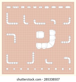 Blueprint technical grid background with flat sofa icons for floor plan outline. Furniture engineering vector EPS10 illustration

