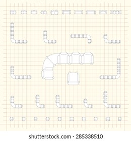 Blueprint technical grid background with flat sofa icons for floor plan outline. Furniture engineering vector EPS10 illustration
