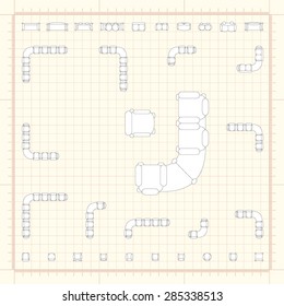 Blueprint technical grid background with flat sofa icons for floor plan outline. Furniture engineering vector EPS10 illustration
