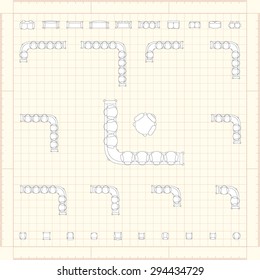 Blueprint technical grid background with flat sofa icons for floor plan outline. Furniture engineering vector EPS10 illustration