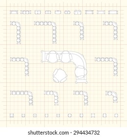 Blueprint technical grid background with flat sofa icons for floor plan outline. Furniture engineering vector EPS10 illustration