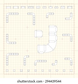 Blueprint technical grid background with flat sofa icons for floor plan outline. Furniture engineering vector EPS10 illustration