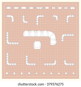 Blueprint technical grid background with flat sofa icons for floor plan outline. Furniture engineering vector EPS10 illustration