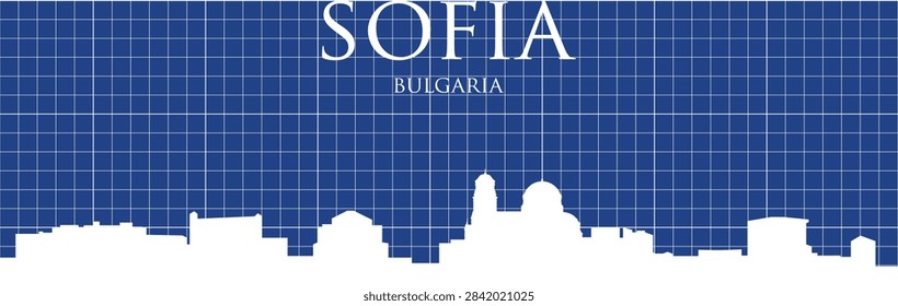 Blueprint technical grid drawing of a white minimalist skyline poster panorama of SOFIA, BULGARIA