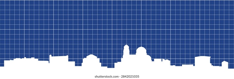 Blueprint technical grid drawing of a white minimalist skyline poster panorama of SOFIA, BULGARIA