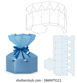  Blueprint template with mock up. Retail simple packaging box with 3D preview.  Multiple purpose Cardboard Die Cut. Graphic design drawn in vector image isolated on transparent background