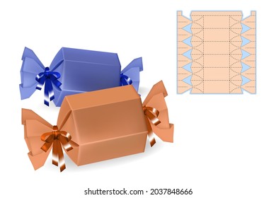 Blueprint template with mock up. Retail simple packaging box with 3D preview.  Multiple purpose Cardboard Die Cut. Graphic design drawing in vector image isolated on transparent background