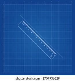 Blueprint Template, With Square Grid For Guides And Reference, And Transparent Ruler In The Middle Positioned Diagonally