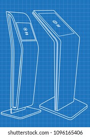 Blueprint of Two Promotional Interactive Information Kiosk, Advertising Display, Terminal Stand, Touch Screen Display. Mock Up Template.