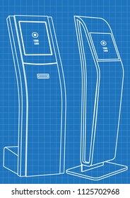 Blueprint of Two Promotional Interactive Information Kiosk, Advertising Display, Terminal Stand, Touch Screen Display. Mock Up Template.