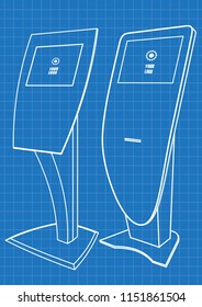 Blueprint of Two Promotional Interactive Information Kiosk, Advertising Display, Terminal Stand, Touch Screen Display. Mock Up Template.