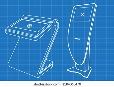 Blueprint of Two Promotional Interactive Information Kiosk, Advertising Display, Terminal Stand, Touch Screen Display. Mock Up Template.