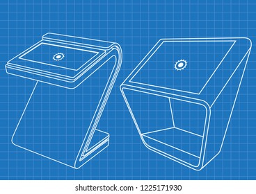 Blueprint of Two Promotional Interactive Information Kiosk, Advertising Display, Terminal Stand, Touch Screen Display. Mock Up Template.