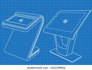 Blueprint of Two Promotional Interactive Information Kiosk, Advertising Display, Terminal Stand, Touch Screen Display. Mock Up Template.