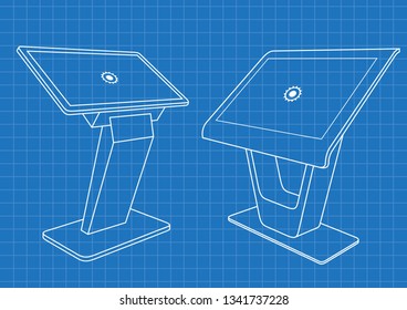 Blueprint of Two Promotional Interactive Information Kiosk, Advertising Display, Terminal Stand, Touch Screen Display. Mock Up Template.