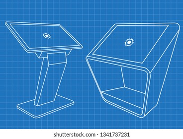 Blueprint of Two Promotional Interactive Information Kiosk, Advertising Display, Terminal Stand, Touch Screen Display. Mock Up Template.