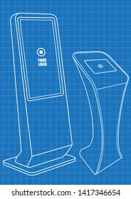 Blueprint of Two Promotional Interactive Information Kiosk, Advertising Display, Terminal Stand, Touch Screen Display. Mock Up Template.