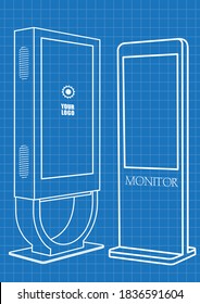 Diseño de dos kioscos de información interactiva promocional, pantalla publicitaria, soporte terminal, pantalla táctil. Plantilla de maqueta.