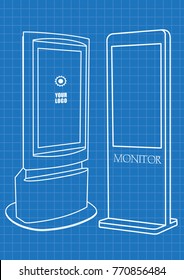 Blueprint of Two Promotional Interactive Information Kiosk, Advertising Display, Terminal Stand, Touch Screen Display. Mock Up Template.