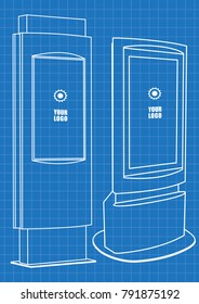 Blueprint of Two Promotional Interactive Information Kiosk, Advertising Display, Terminal Stand, Touch Screen Display. Mock Up Template.