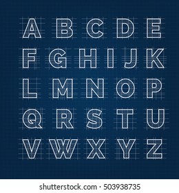 Blueprint vector drafting alphabet. Blueprint sketch roman font on dark background