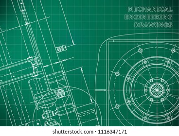 Blueprint. Vector drawing. Mechanical instrument making. Light green background. Grid