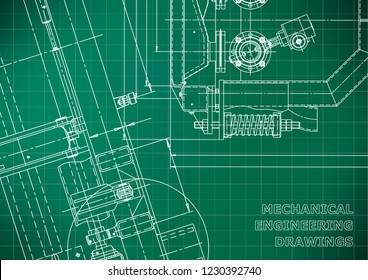 Blueprint. Vector engineering drawings. Mechanical instrument making. Technical Light green background. Grid