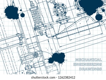 Blueprint. Vector engineering drawings. Mechanical instrument making. Technical abstract backgrounds. Technical illustration, cover. Blue Ink Blots