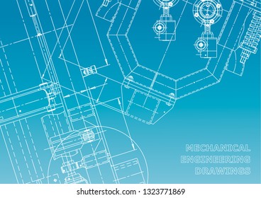 Blueprint. Vector engineering drawings. Mechanical instrument making. Blue and white