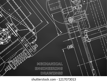 Blueprint. Vector engineering illustration. Computer aided design systems. Instrument-making drawings. Mechanical engineering drawing. Scheme, plan, outline. Black background