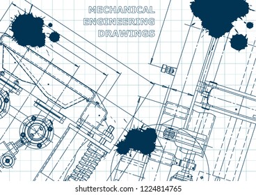 Blueprint. Vector engineering illustration. Computer aided design systems. Instrument-making drawings. Mechanical. Blue Ink. Blots