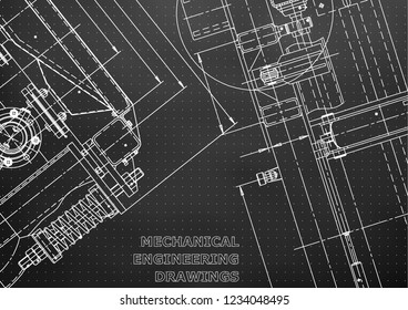 Blueprint. Vector engineering illustration. Computer aided design systems. Instrument-making drawings. Mechanical engineering drawing. Scheme, plan, outline. Black background. Points