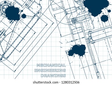 Blueprint. Vector engineering illustration. Computer aided design systems. Instrument-making drawings. Mechanical drawing. Blue Ink. Blots