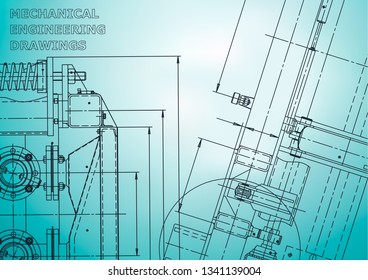 Blueprint. Vector engineering illustration. Computer aided design systems. Instrument-making drawings. Mechanical engineering drawing. Technical illustrations, background. Light blue