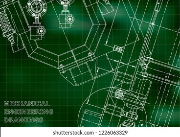 Blueprint. Vector engineering illustration. Cover, flyer, banner, background. Instrument-making drawings. Mechanical engineering drawing. Technical illustrations, Green background. Grid. Schem