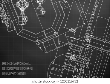 Blueprint. Vector engineering illustration. Cover, flyer, banner, background. Instrument-making drawings. Mechanical engineering drawing. Technical illustrations, Black background. Grid. Schem