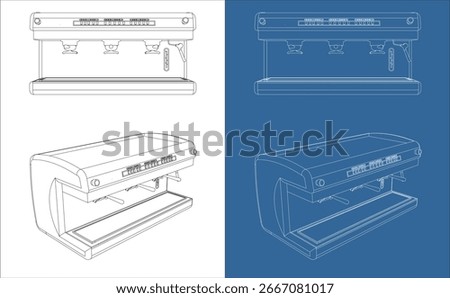 Blueprint vector espresso coffee machine front and perspective view